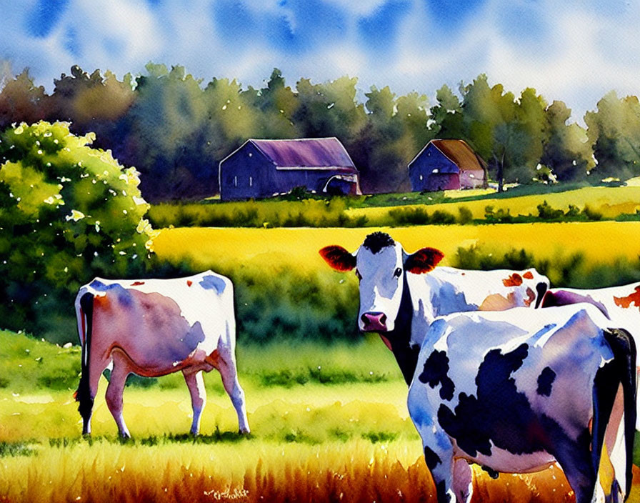 Vibrant watercolor painting of cows in sunny field with barns and trees