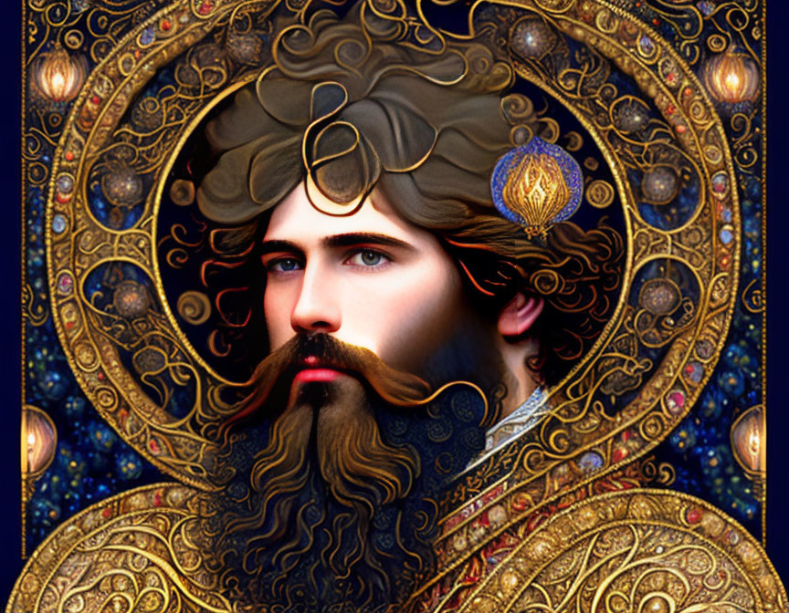 Ornate Portrait of Bearded Man on Decorative Background