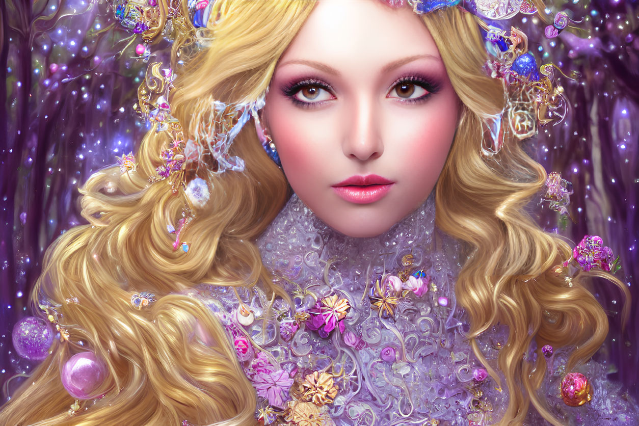 Fantasy illustration of woman with golden hair and jewels on purple background