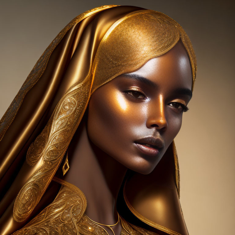 Portrait of person with dark skin in golden headscarf against warm backdrop