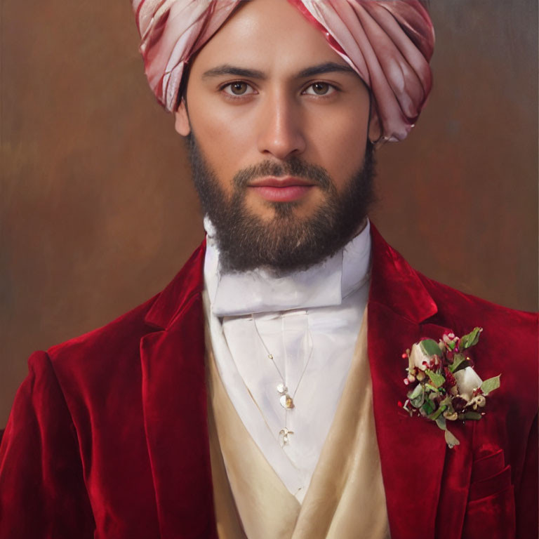 Man with Beard in Red Velvet Jacket & Turban Portrait