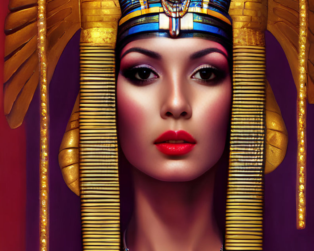 Colorful Ancient Egyptian Woman Portrait on Red Background
