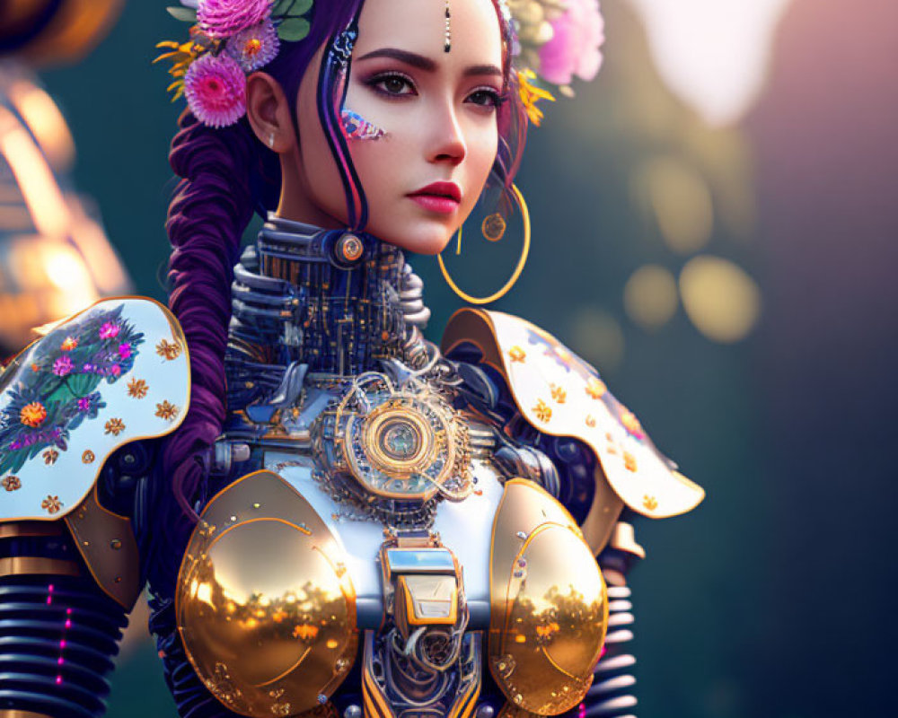 Digital artwork: Woman with robotic body, purple hair, adorned with flowers