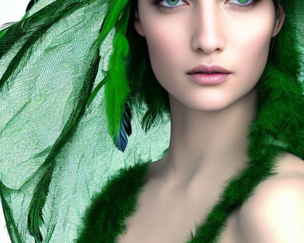 Digital artwork of woman with green feathers and leaf patterns on face, mystical look on white background