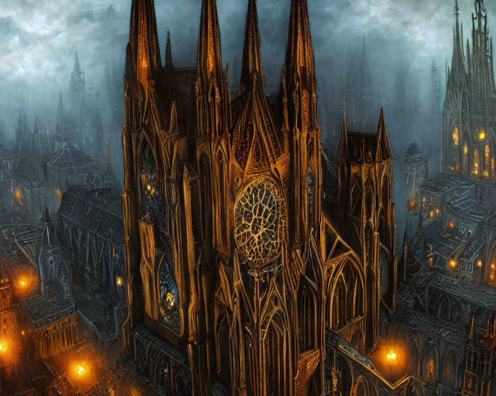 Gothic cityscape with towering cathedral at night