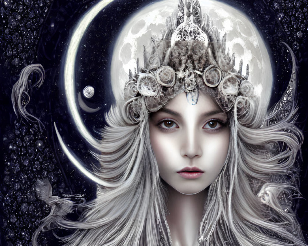 Fantasy art: Pale woman with silver hair, moon headpiece, rose crown, and flying bird