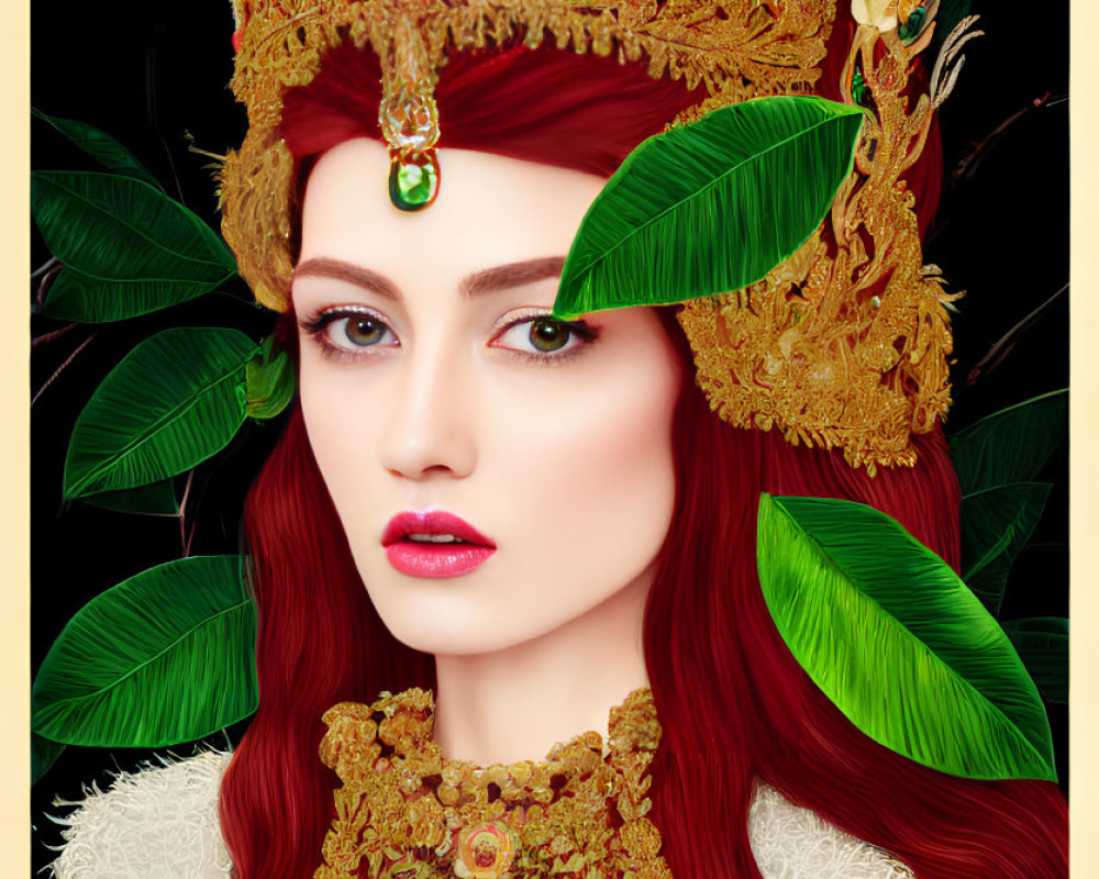 Detailed illustration of woman with red hair in golden headdress & necklace, amidst tropical leaves on black background