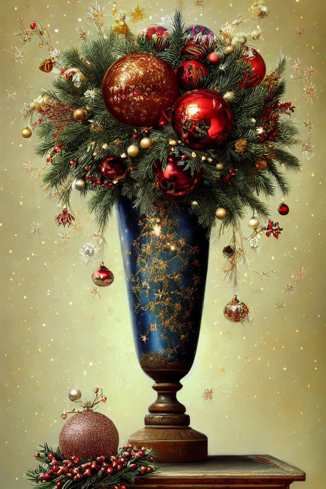 Festive Christmas branches and baubles in ornate vase on sparkling background