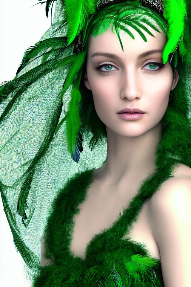 Digital artwork of woman with green feathers and leaf patterns on face, mystical look on white background