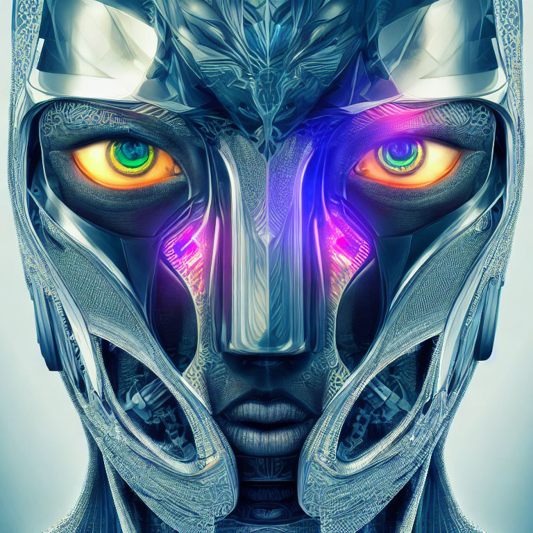 Detailed digital artwork of female face with cybernetic enhancements and glowing orange eyes