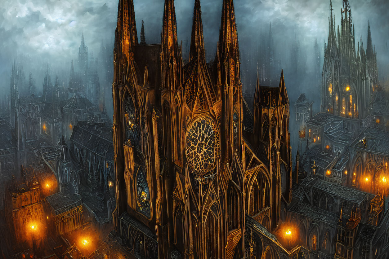 Gothic cityscape with towering cathedral at night