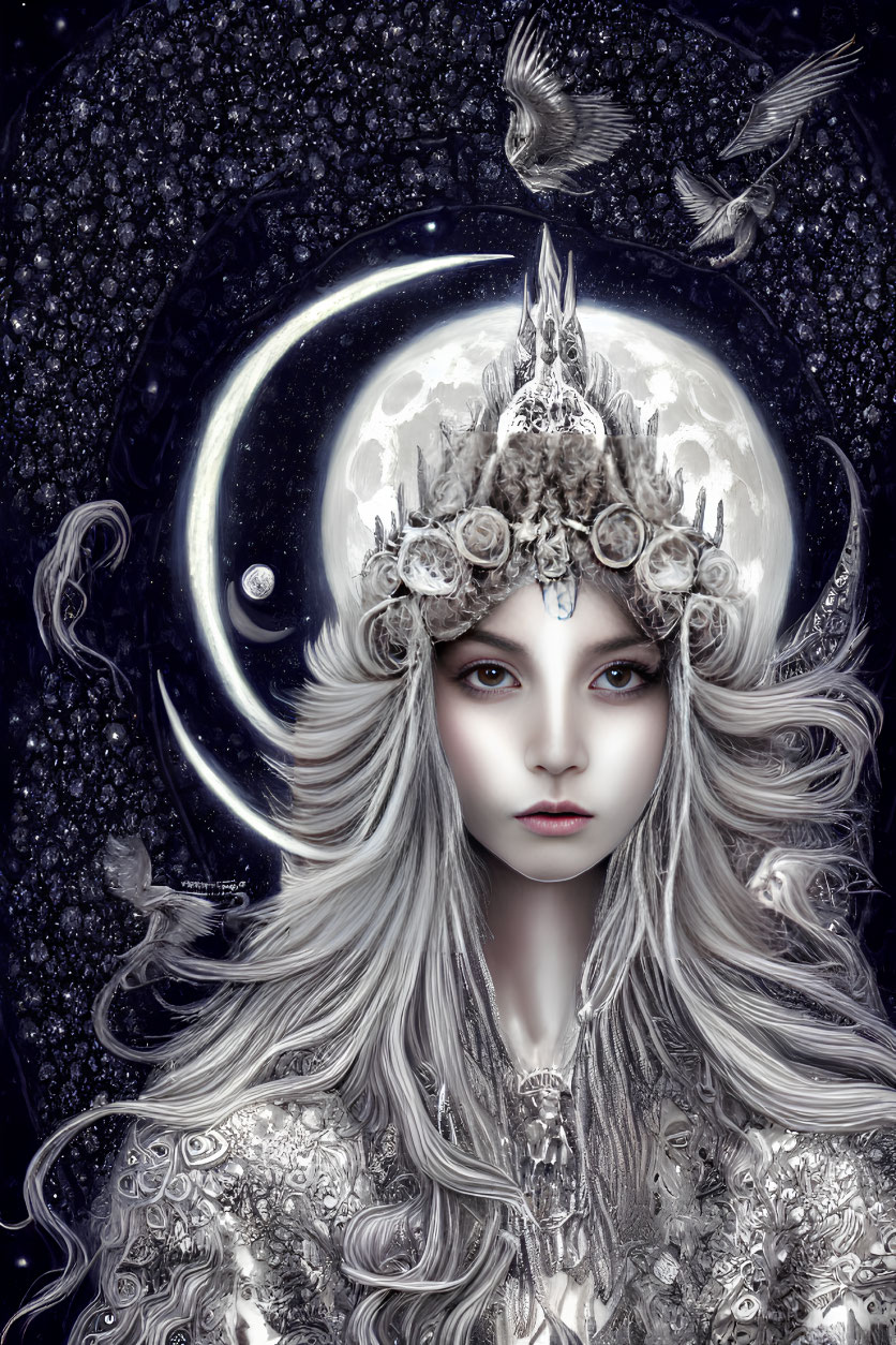 Fantasy art: Pale woman with silver hair, moon headpiece, rose crown, and flying bird