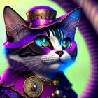 Vibrant digital art: Cat with blue stripes, purple jacket, brass hat, and staff