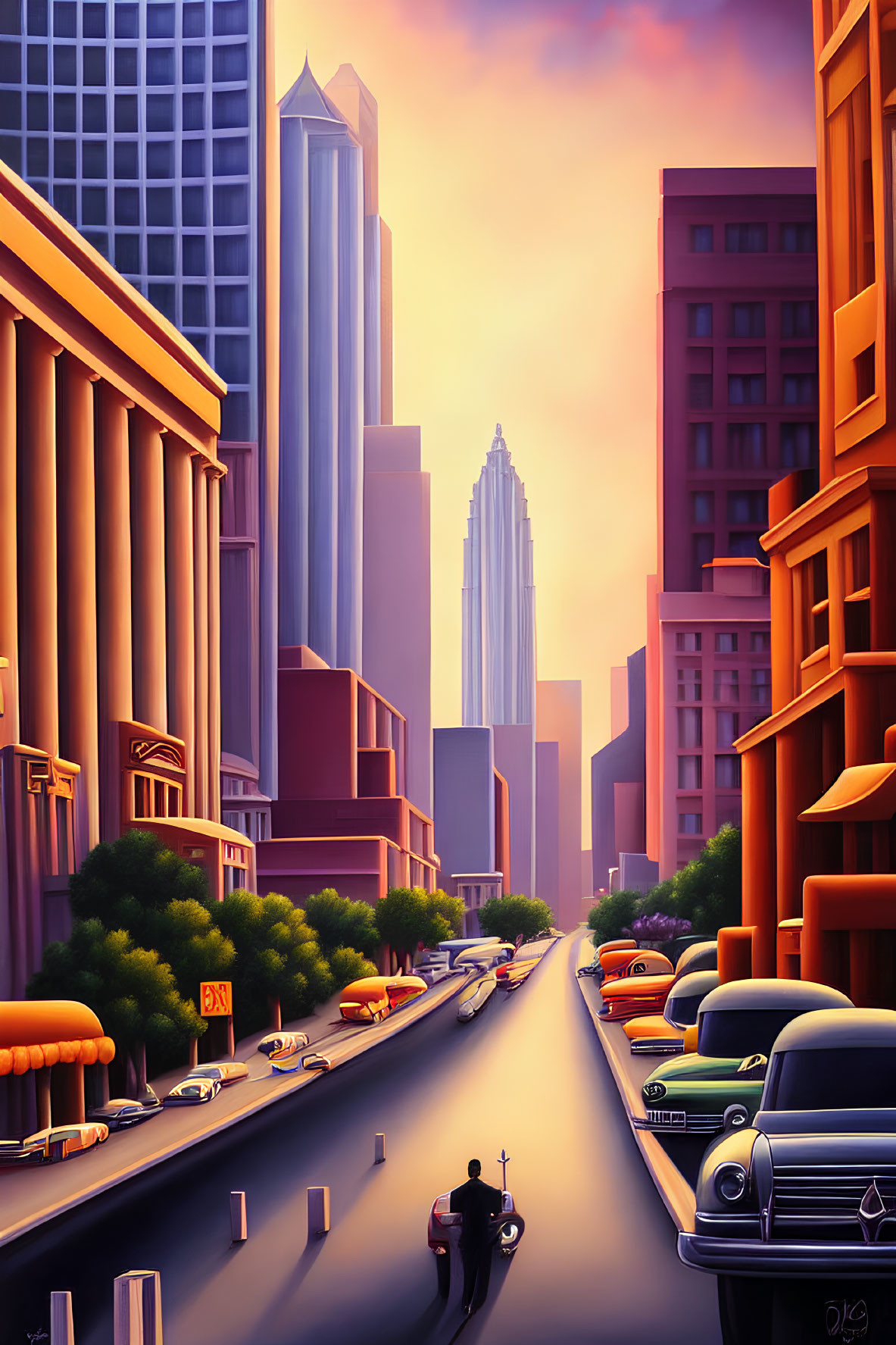 Cityscape at Sunset: Person Crossing Street, 1950s Cars, Skyscrapers -