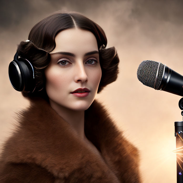 Vintage Hairstyle Woman with Headphones and Fur Shawl Near Microphone