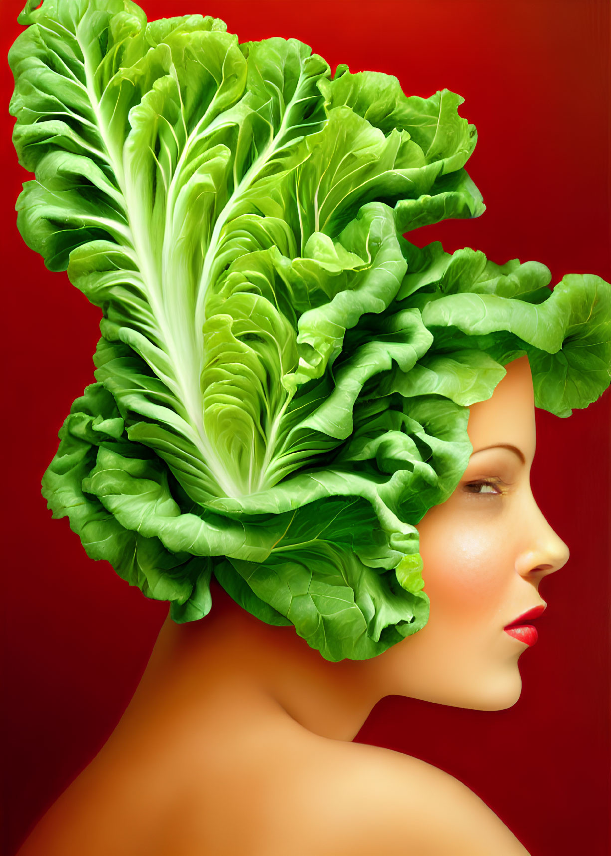 Surreal image of woman's profile with lettuce hair on red background