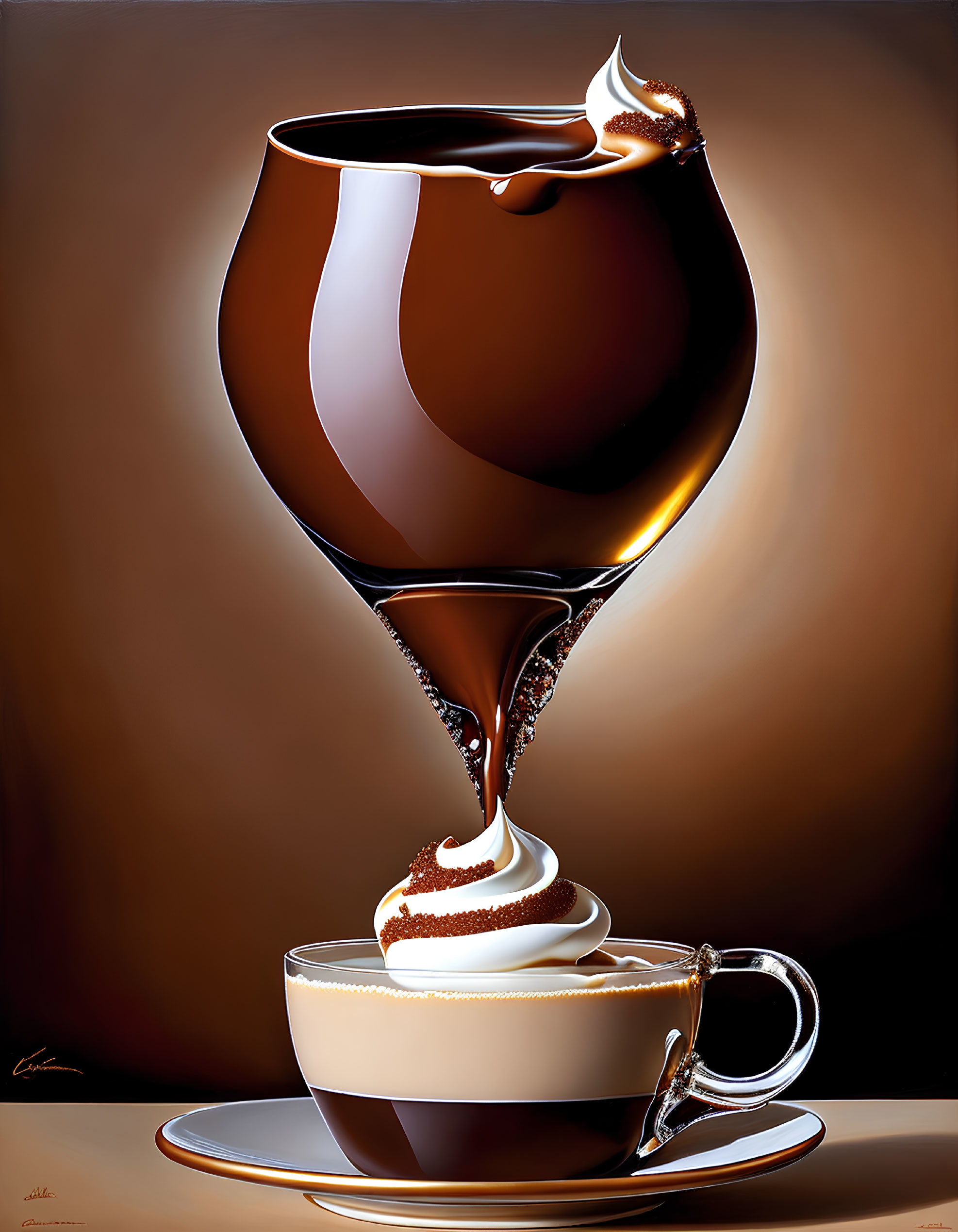 Stylized image: Glass of chocolate spills into smaller cup with cream