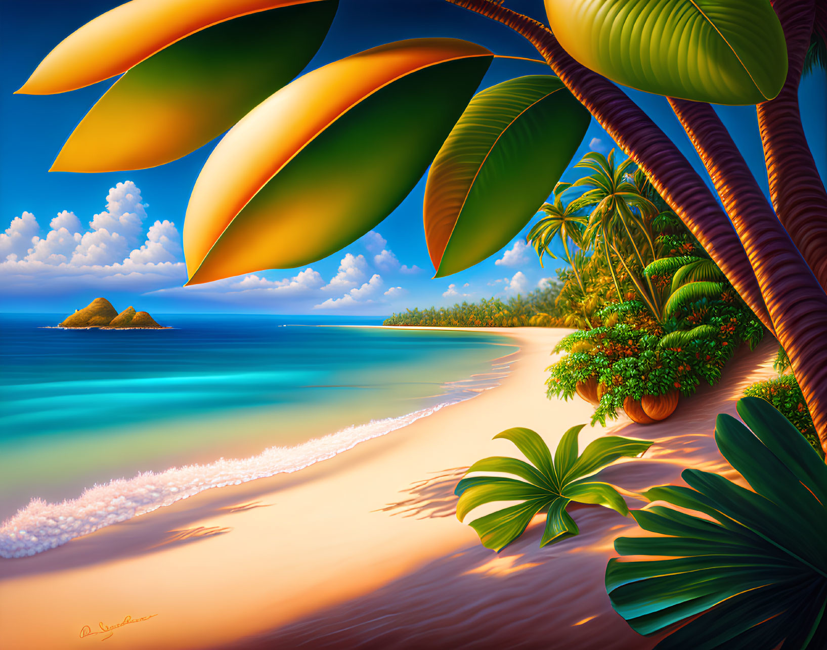 Vibrant beach scene with clear skies, green foliage, golden sand, and turquoise sea