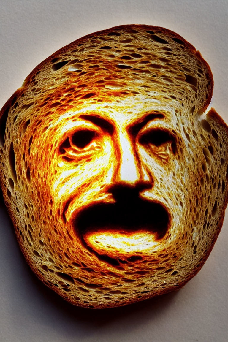 Digitally altered face on bread slice against light background