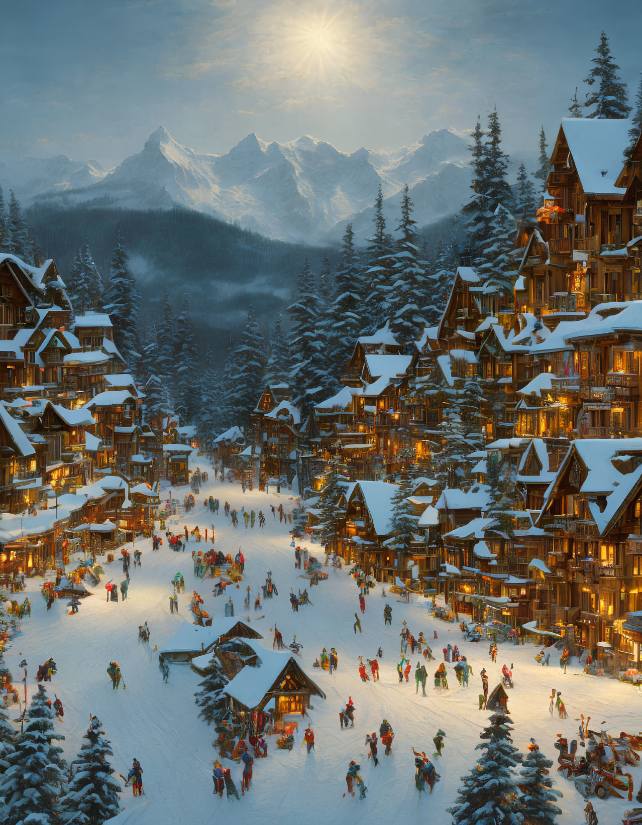 Snow-covered winter village with glowing sunset and mountains.