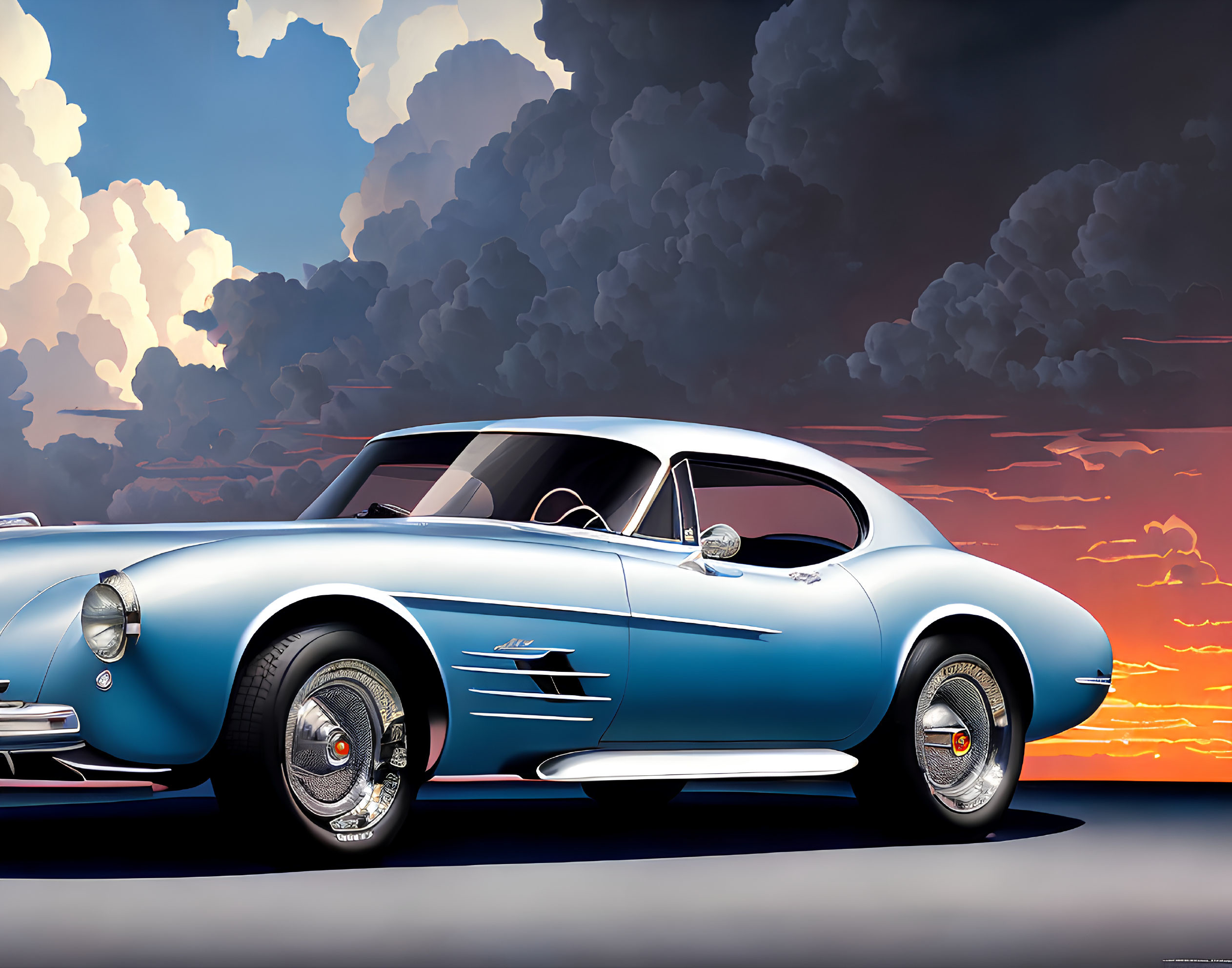 Classic Blue Sports Car with White Sidewall Tires in Sunset Scene