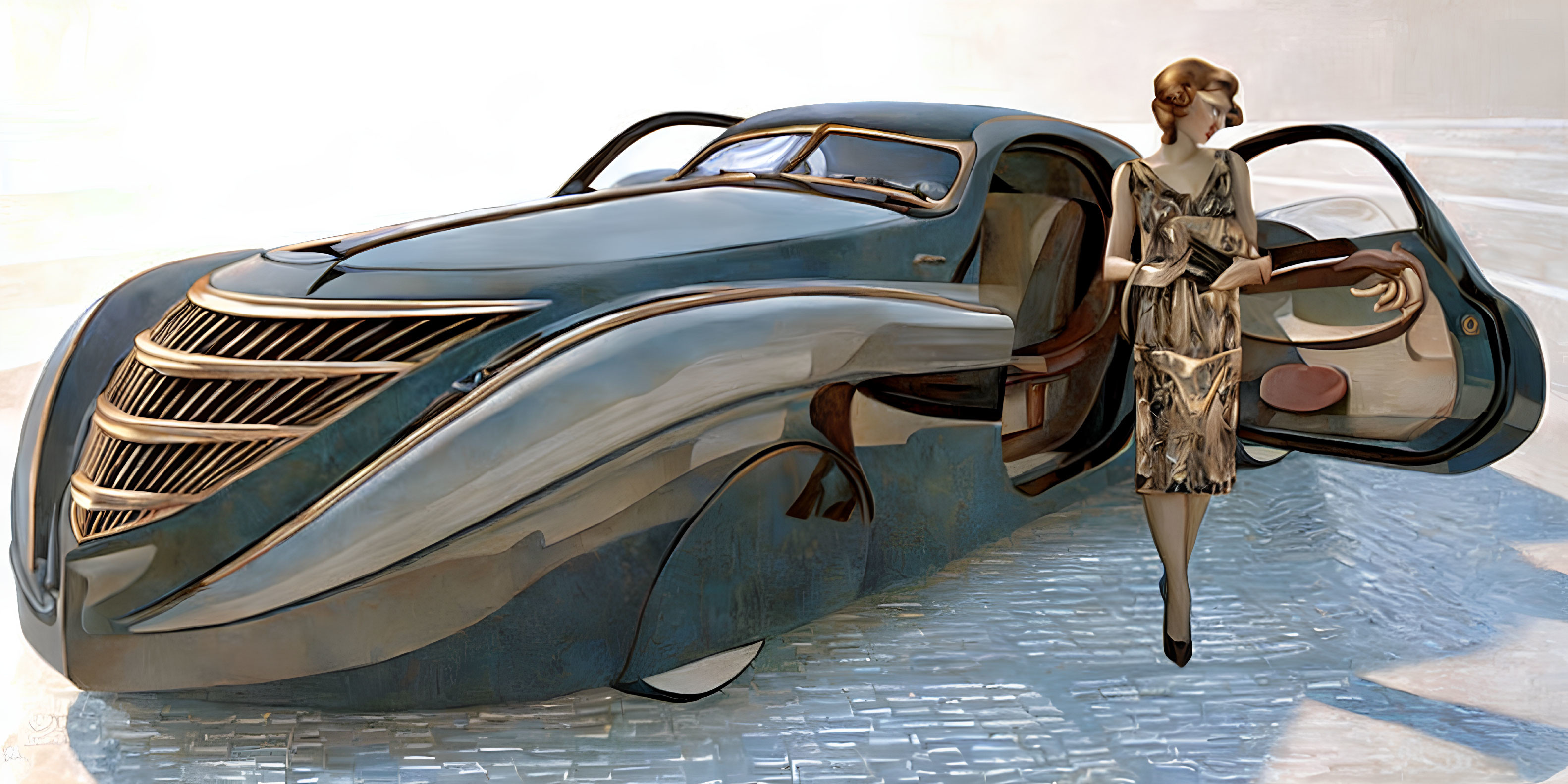 Vintage Attired Woman Exiting Futuristic Art Deco Car on Illuminated Background