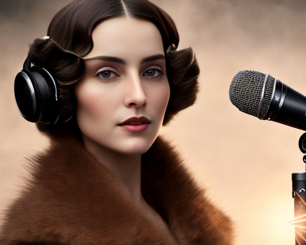 Vintage Hairstyle Woman with Headphones and Fur Shawl Near Microphone