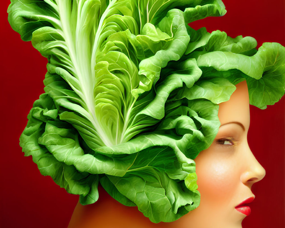 Surreal image of woman's profile with lettuce hair on red background
