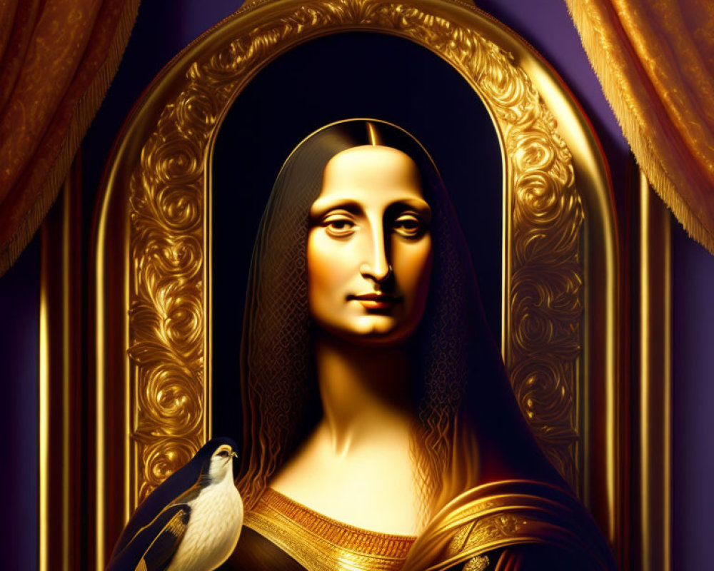 Stylized digital artwork of Mona Lisa with golden sheen, ornate frame, curtains, bird