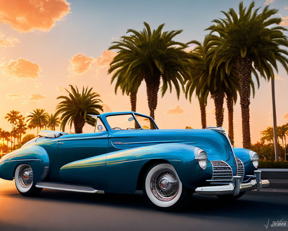Blue Convertible Car Parked Under Palm-Lined Street at Sunset