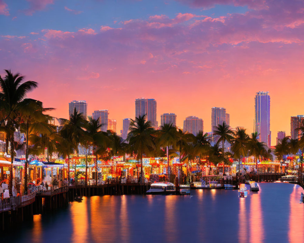 Dusk waterfront scene with illuminated palm trees and cityscape
