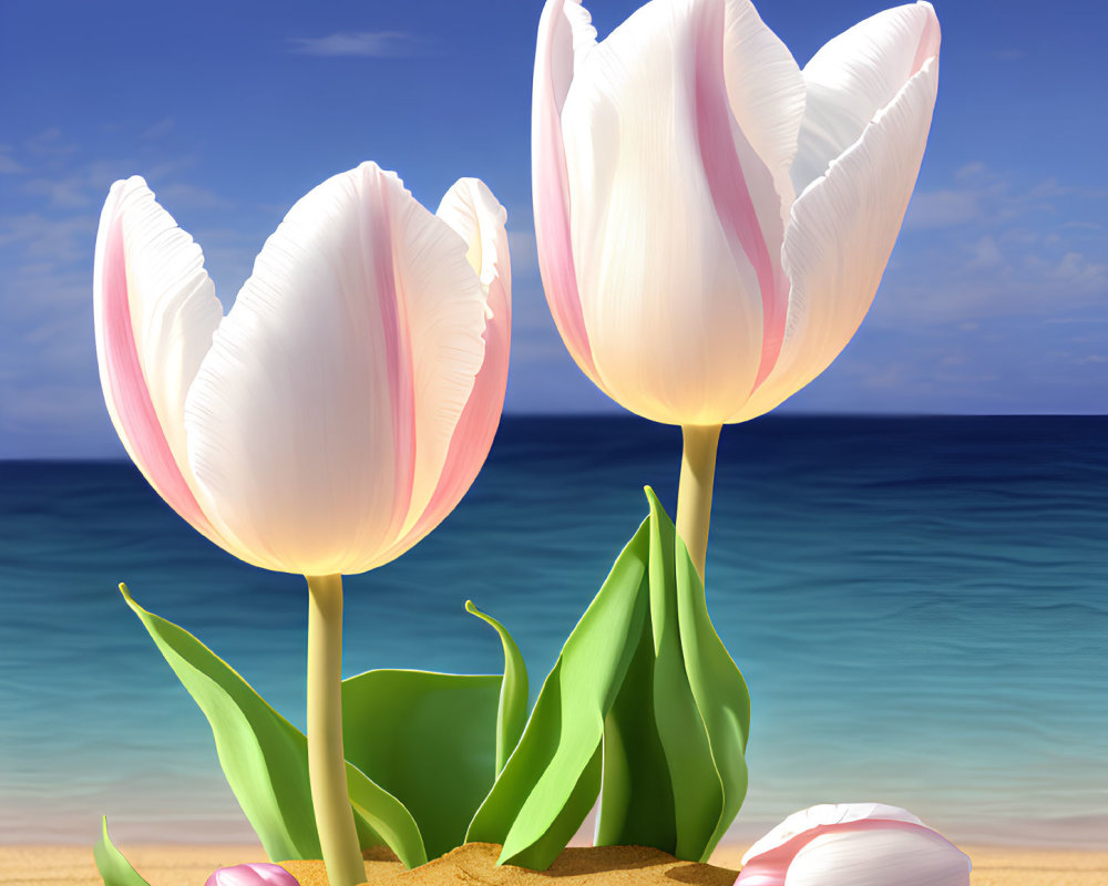 Pink and white tulips on sandy beach with fallen petals, green leaves, blue sky, and sea