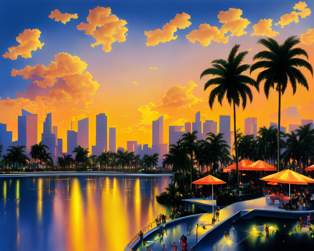 Vibrant orange sunset over cityscape and waterfront with palm trees and people.