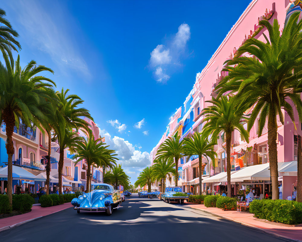 Colorful Street Scene with Palm Trees, Buildings, and Blue Car