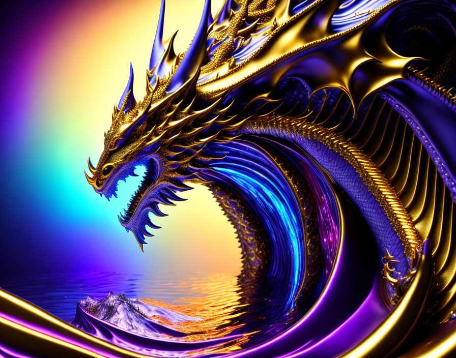 Vivid Metallic Dragon with Intricate Designs on Vibrant Wave