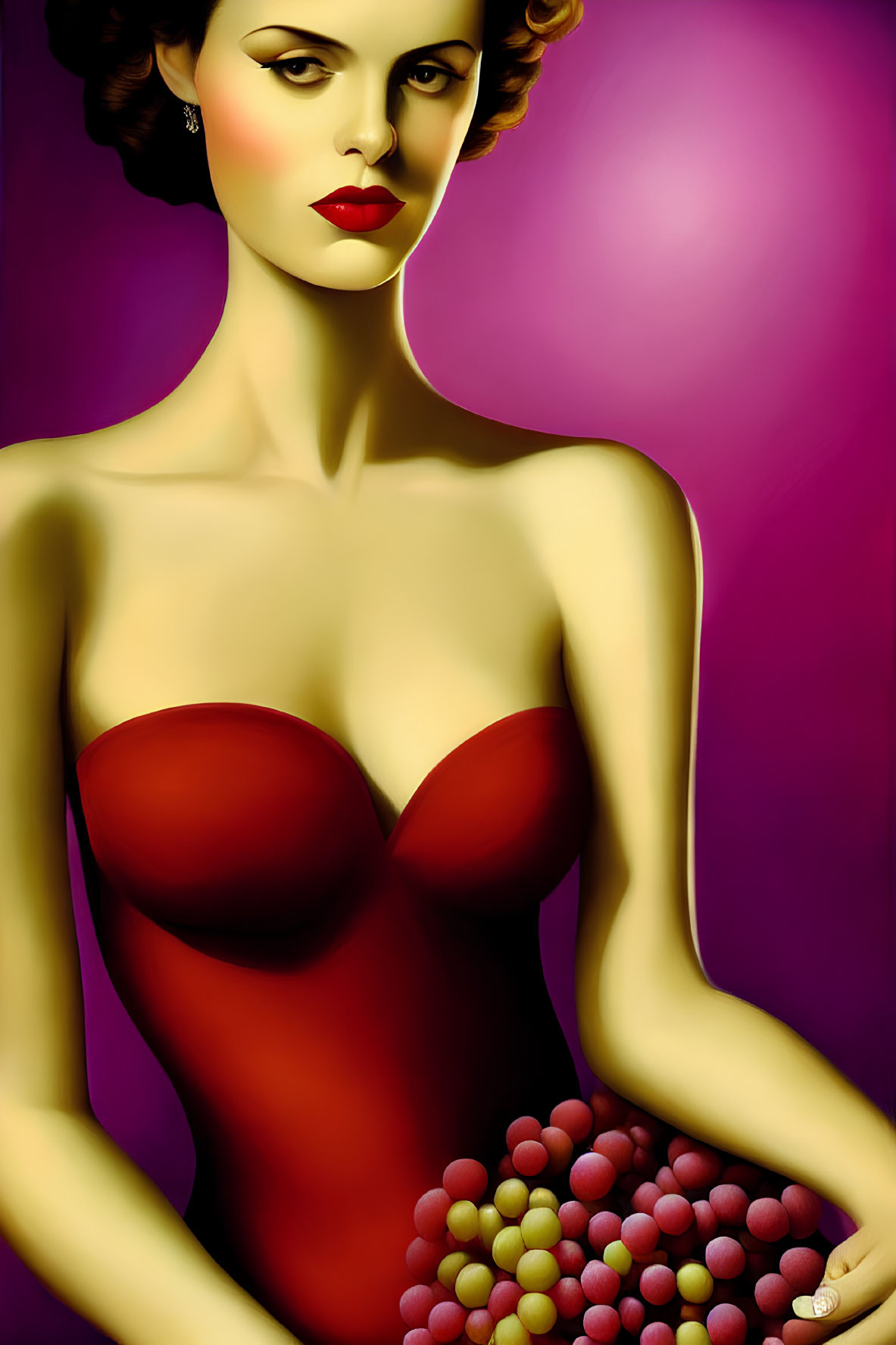 Stylized retro illustration of woman in red dress with grapes on purple background