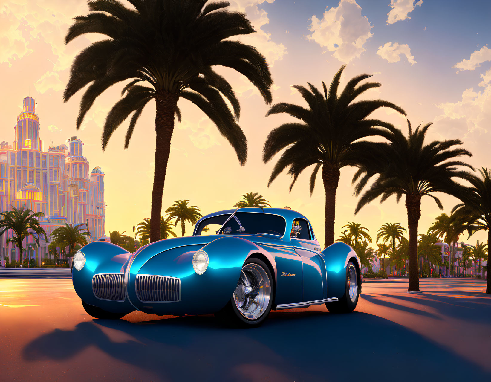 Vintage Blue Roadster on Palm-Lined Boulevard at Sunset