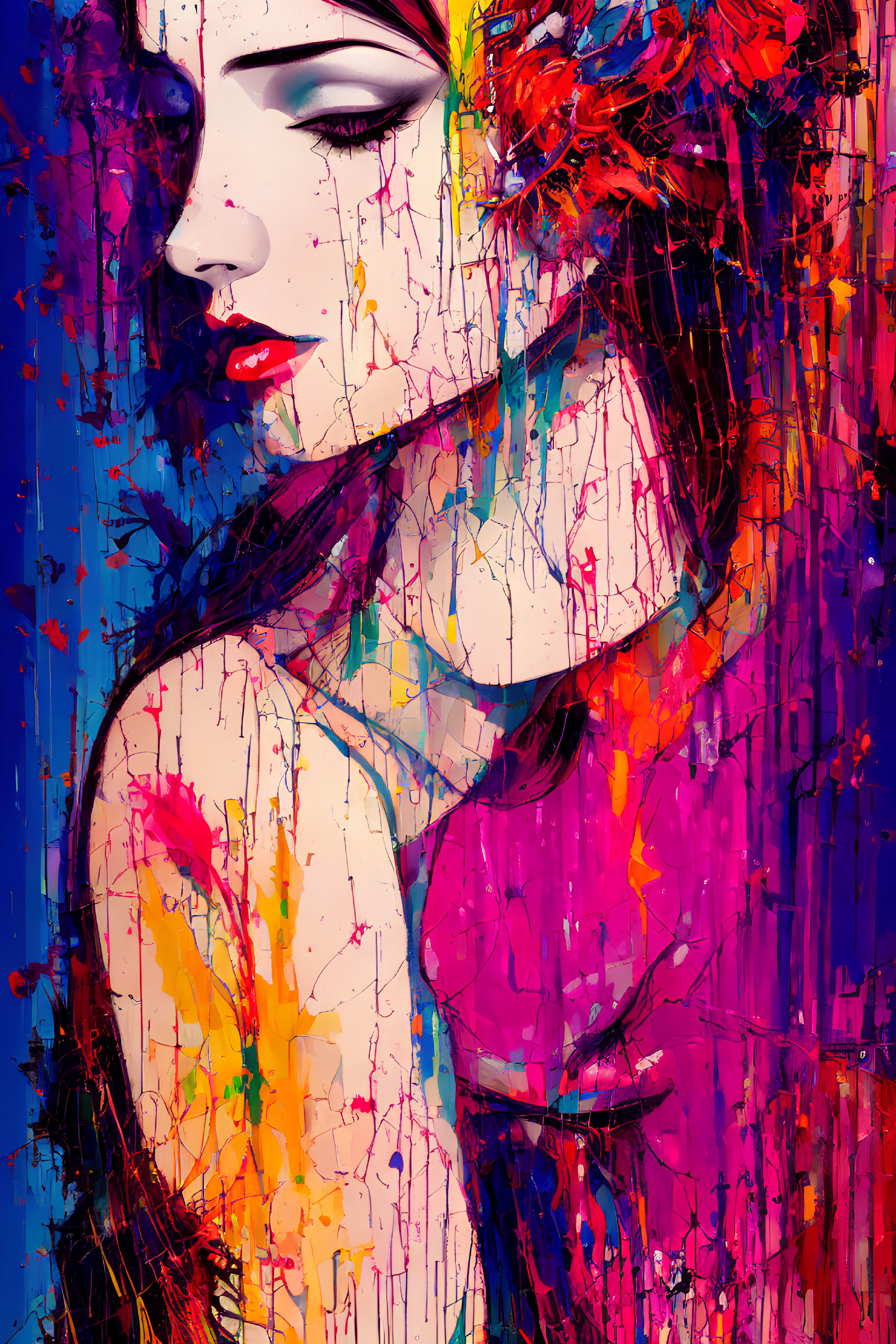 Colorful Abstract Portrait of Woman with Paint Splashes on Blue Background