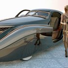 Vintage Attired Woman Exiting Futuristic Art Deco Car on Illuminated Background