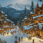 Snow-covered winter village with glowing sunset and mountains.
