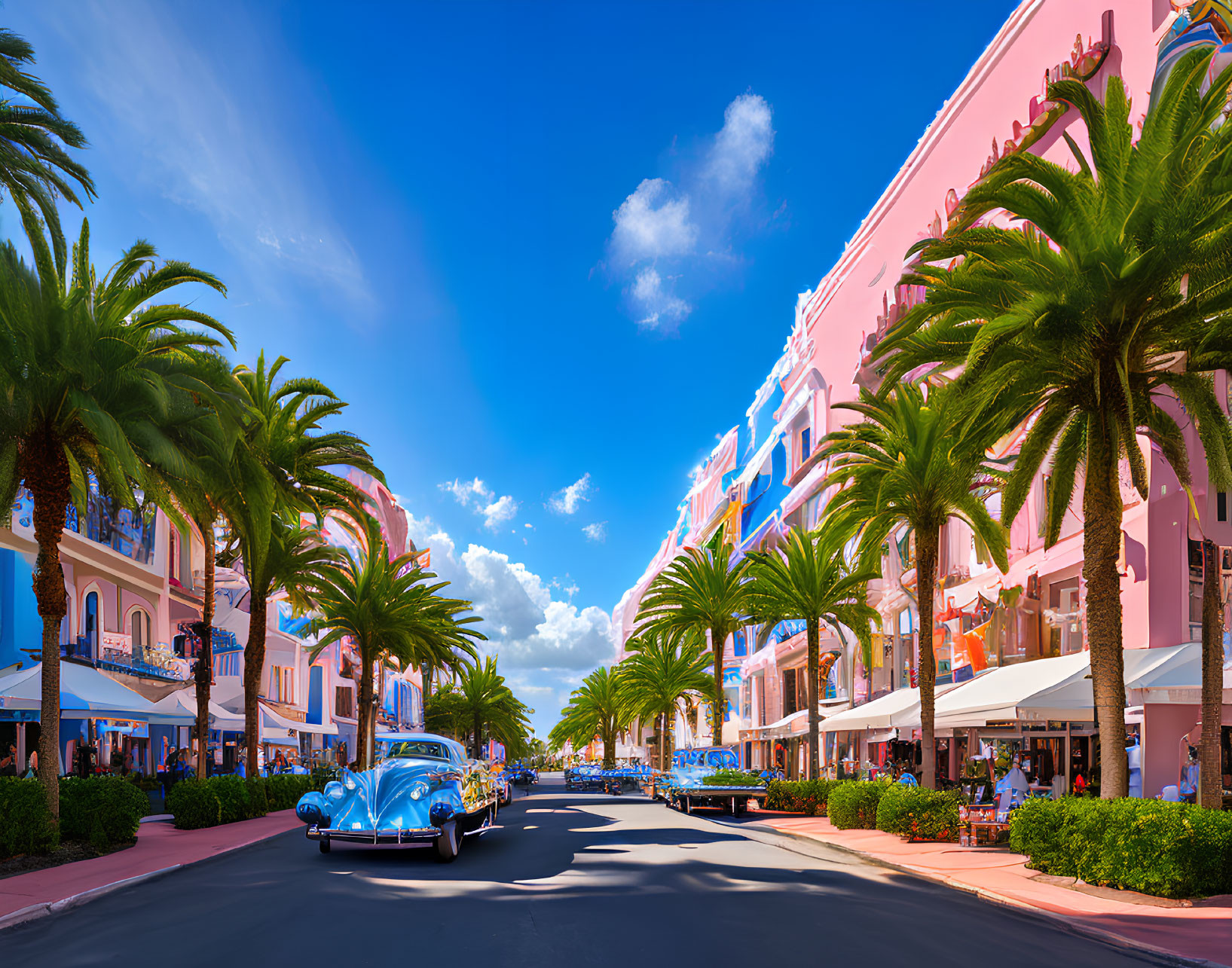 Colorful Street Scene with Palm Trees, Buildings, and Blue Car