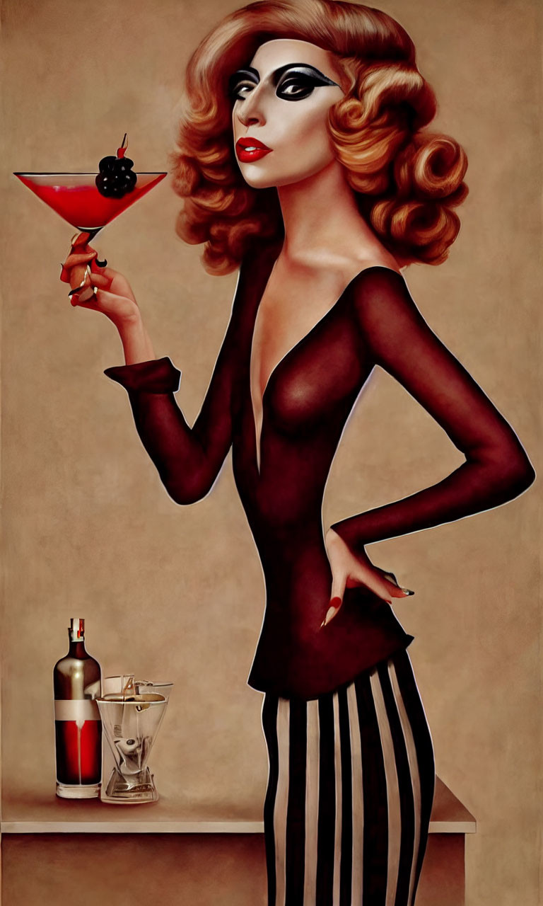 Stylized illustration of woman with dramatic makeup sipping cocktail