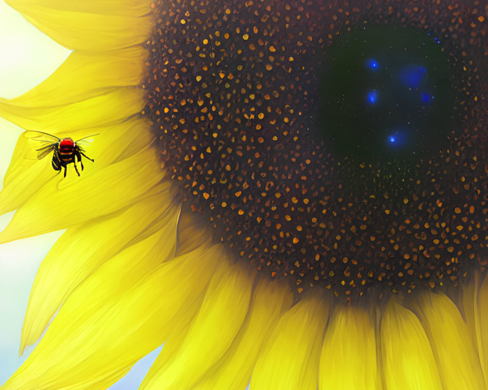 Vibrant sunflower with cosmic pattern, ladybug, and bee in digital image