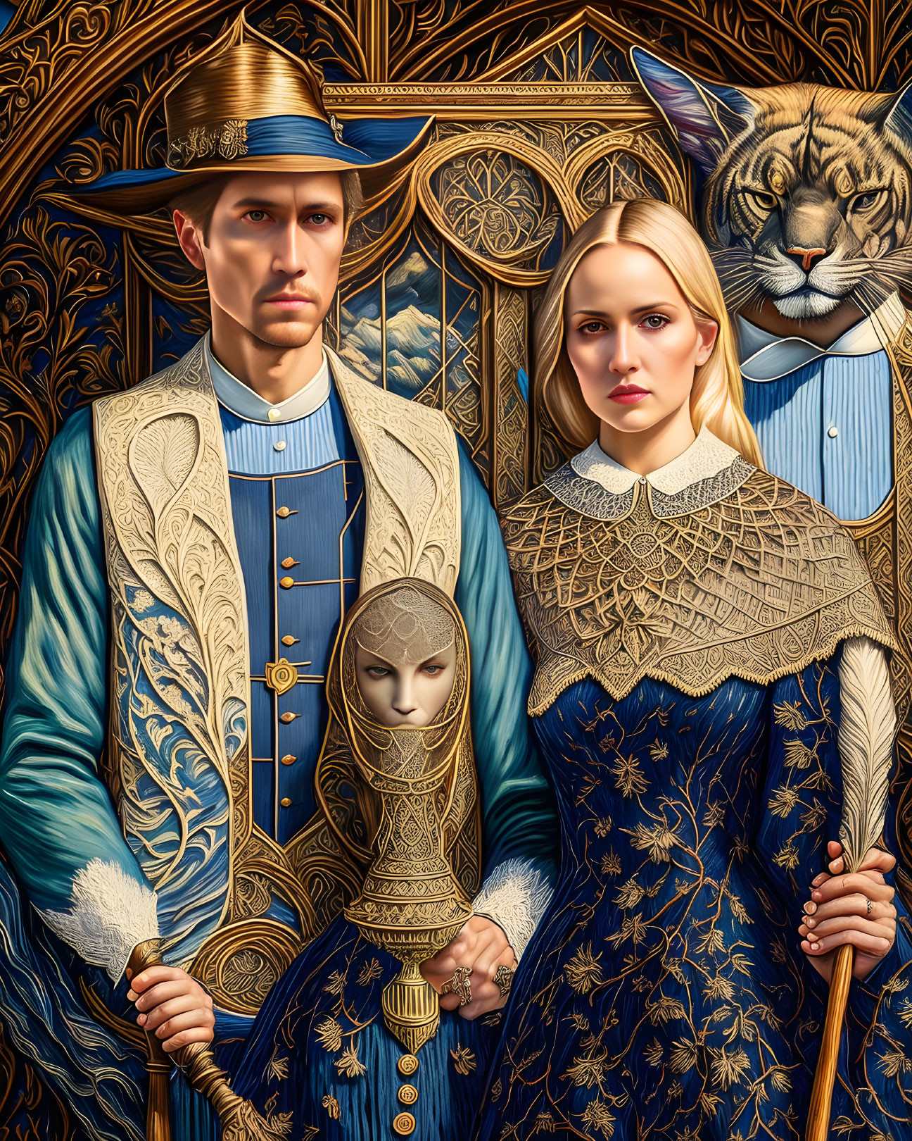 Stylized portrait of man and woman in historical attire with tiger head and metallic mask