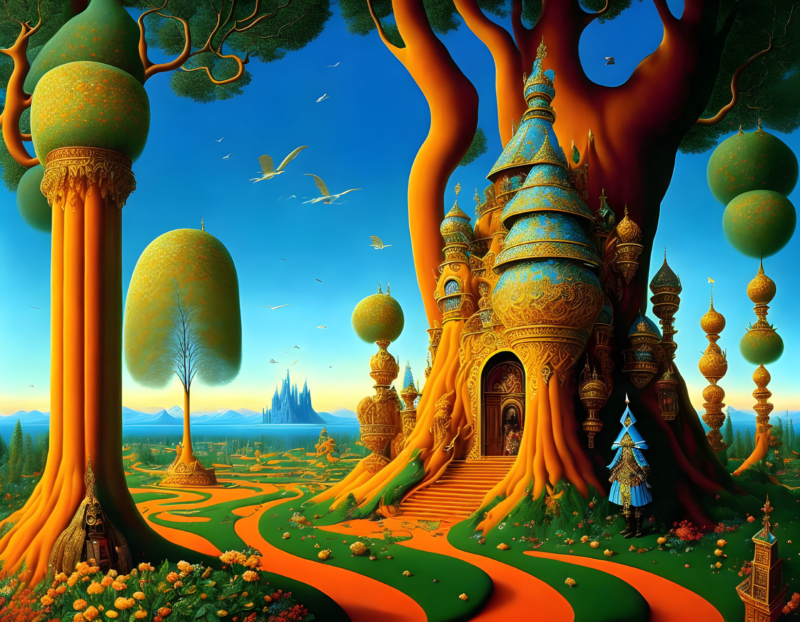 Fantasy landscape with whimsical trees, ornate towers, and figure in blue