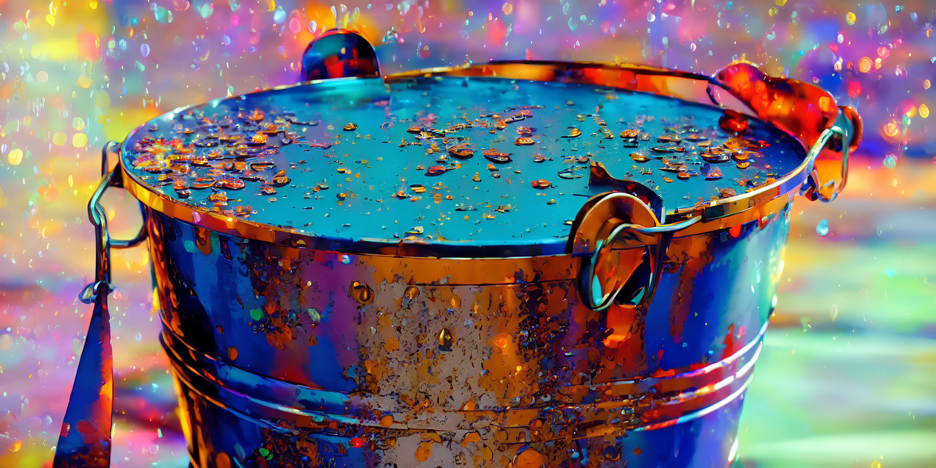 Colorful Backdrop with Water Droplets on Shiny Blue Bucket