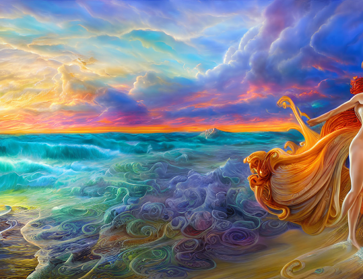 Colorful surreal painting of woman by the sea with flowing hair and dress