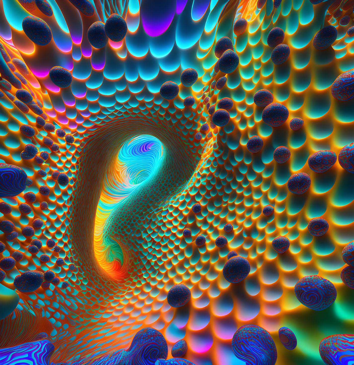 Colorful Psychedelic Digital Art: Swirling Tunnel and Textured Spheres in Blues, Or