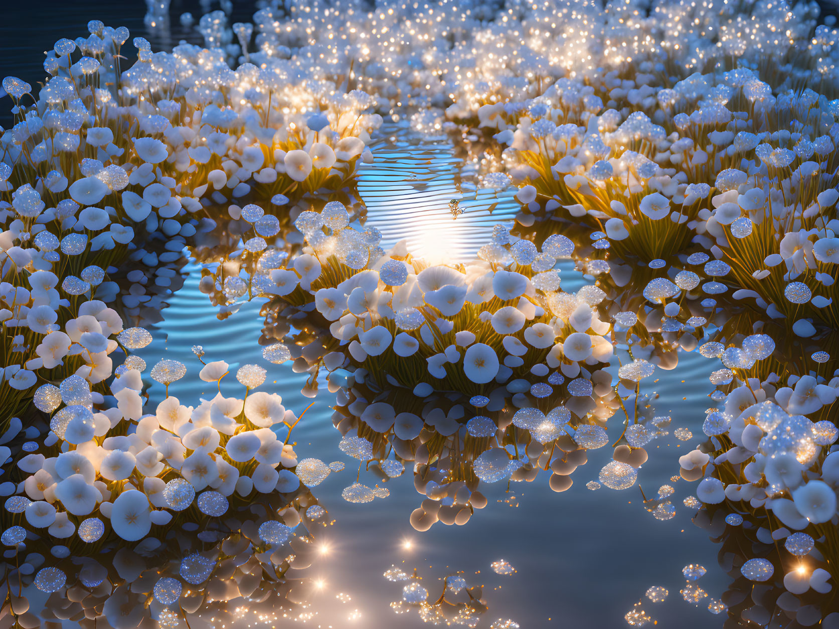 Twilight scene of white flowers floating on water with luminous centers