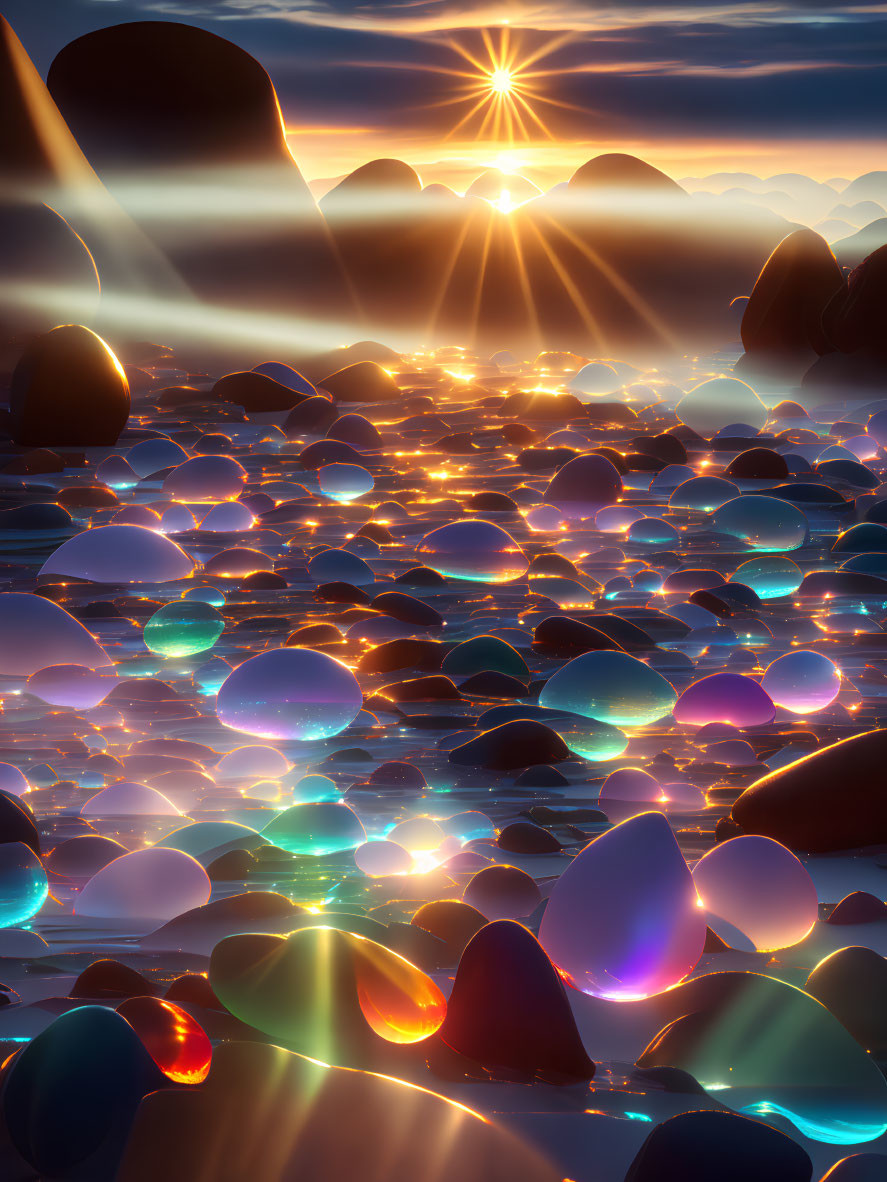 Tranquil sunset over surreal landscape of glistening pebbles